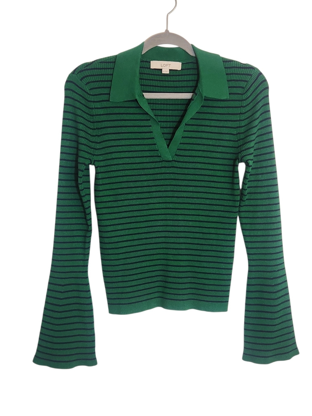LOFT Green and Navy Striped Ribbed Knit Polo Top Size Medium